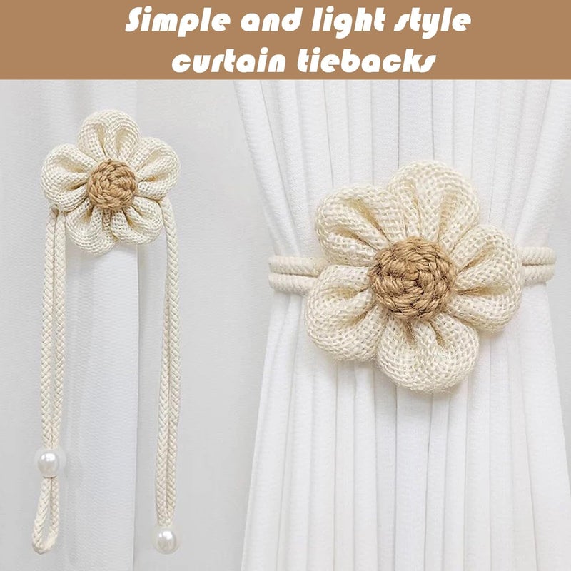 SRG 4pcs Handmade Pearl Curtain Tiebacks Boho Flower Curtain Holdbacks with Buckle Pins Simple Elegant Sunflower Rope Curtain Boho Bedroom Decor（Large Cream&Khaki） - Image 2